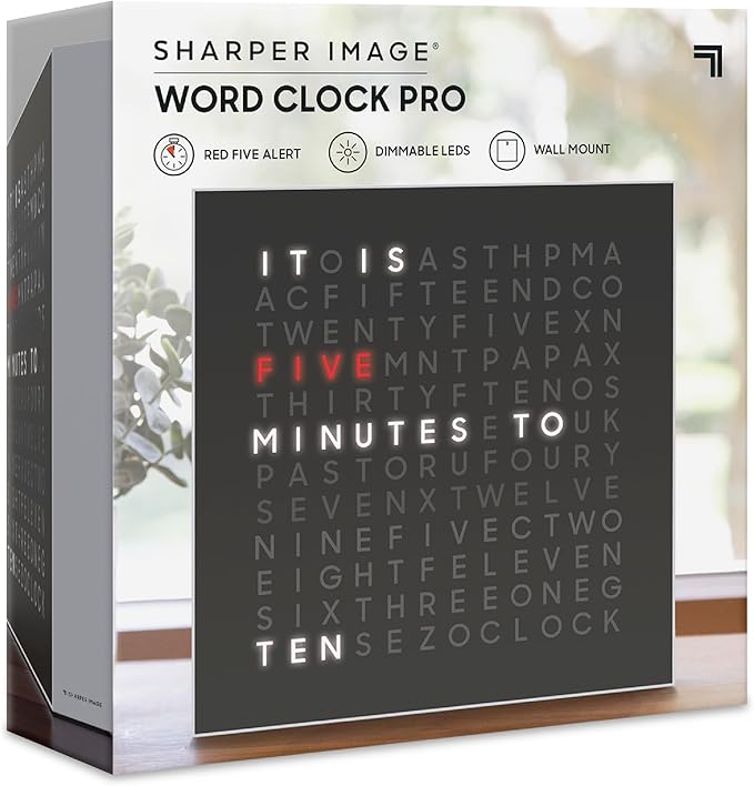 Sharper Image® LED Word Clock Pro with Dimmable Light, 9.45" Modern Design, & Red 5-Minute Alerts| Electronic Accent Wall & Desk Clock| Contemporary Home & Office Decor| Housewarming Gift