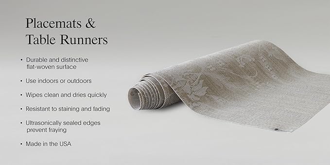Martha by Martha Stewart | Chilewich Damask Table Runner in Flax - Easy Care Woven Textile - Indoor/Outdoor - Stain/Fade Resistant - 14" x 72"
