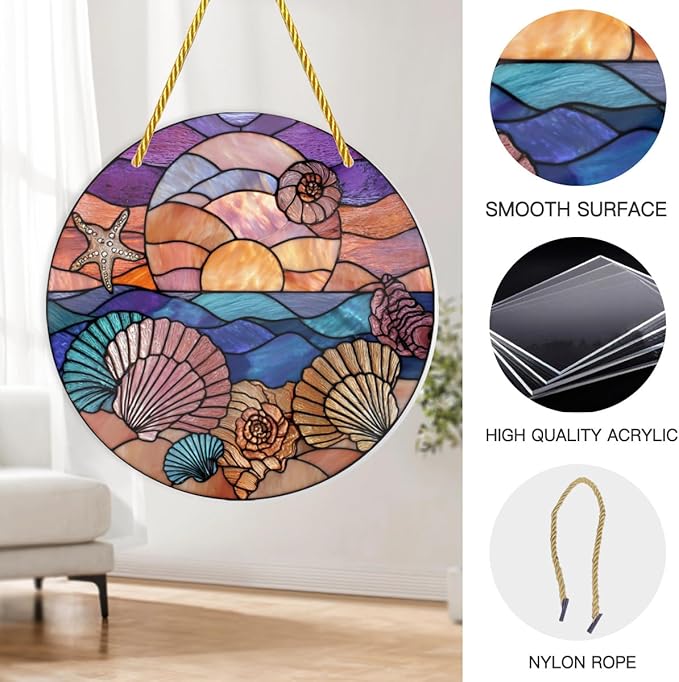 Coastal Seashells & Starfish at Sunset, 1PC Stained Glass Styles Acrylic Hanging Ornaments, 8×8inch Decorative Signs, Acrylic Suncatcher for Nautical Home Decor, Gifts, Garden, Wall Art