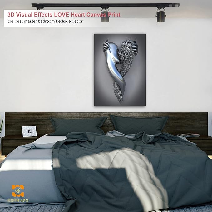 3D Metal Effect Wall Art - 3D Metal Canvas Art, Silver Modern Abstract hug Lovers Painting Picture Poster Prints for Bathroom, Romantic Couple Living Room Canvas Wall Art Framed 28”x40”x1Pcs