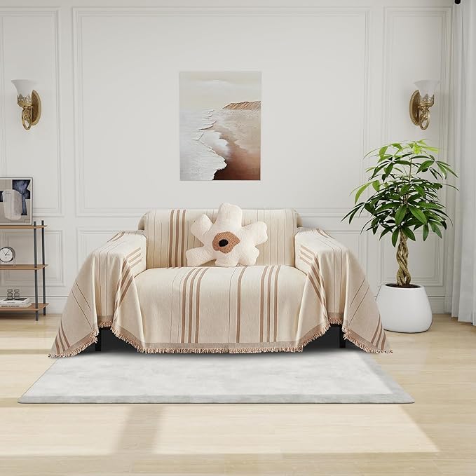 DREAMINGO Chenille Armchair Cover Jacquard Sofa Covers Washable Furniture Protector Recliner Couch Cover 1 Cushion Reversible Chair Cover Beige Coffee Striped Couch Cover Blanket 71"x 71"