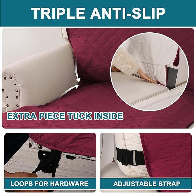 Turquoize 100% Waterproof Sofa Covers Chaise Lounge L Shape Sofa Protector Slip Cover Triple Non-Slip Sofa Slipcover for Sectional Couch Cover for Pets, Kids (Chaise, Burgundy)