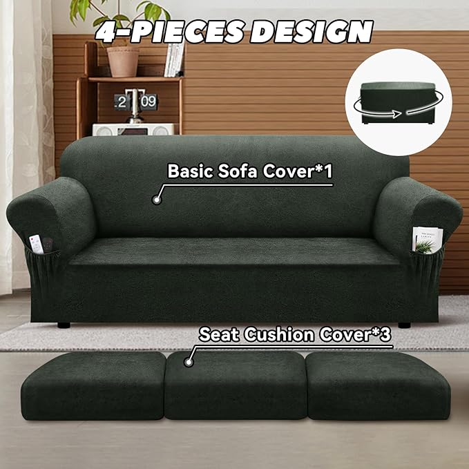 Sofa Slipcover with Armrest Pockets 4-Piece Set, Stretch Faux Leather Couch Cover for 3-Cushion Couches(Fits 72-92") - Non-Slip, Machine Washable, Pet & Kid Friendly - Military Green