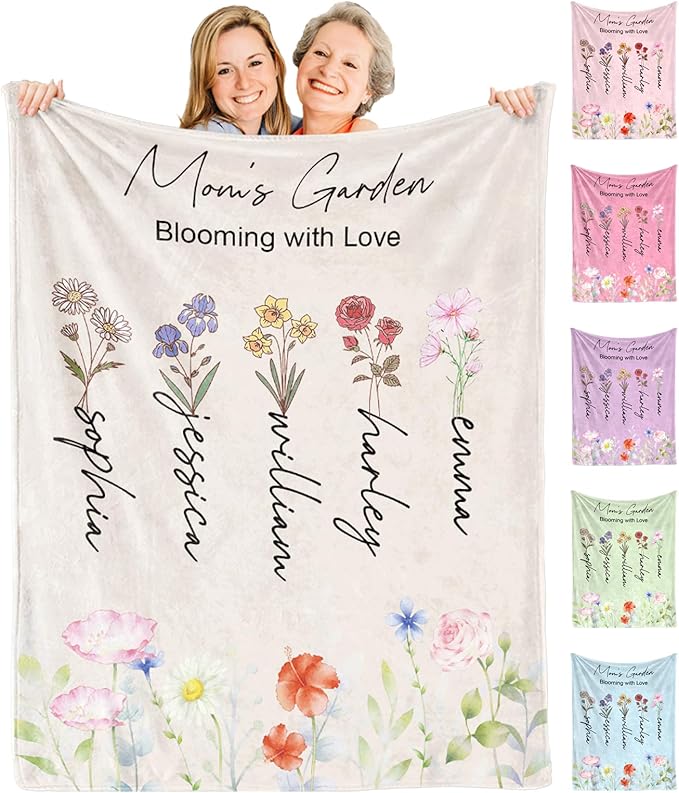 Ships Next Day, Personalized Christmas Mom Blanket Gift, Custom Blanket with Kids Name and Birth Month Flowers, Birthday Gifts for Mom from Daughter Son, Personalized Gifts for Grandma,Wife