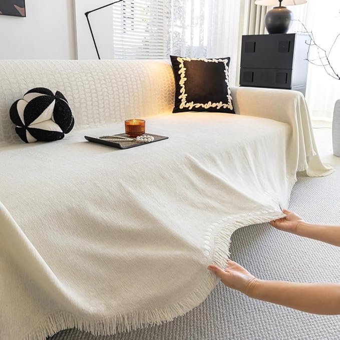 ROOMLIFE Boho White Couch Cover for Dogs, Washable Non Slip Furniture Protector Couch Sofa Covers for 3 Cushion Couch, Soft Chenille Couch Cover Throw Blanket with Tassels 71''X134''
