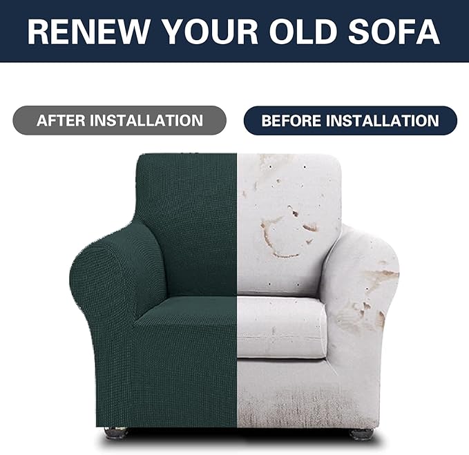 Cupuamon 2025 New Stretch Chair Sofa Slipcovers Couch Cover for 1 Seater Furniture Protector Sofa Covers with Elastic Bottom Jacquard Fabric Small Checks for Pets, Kids - Hunter