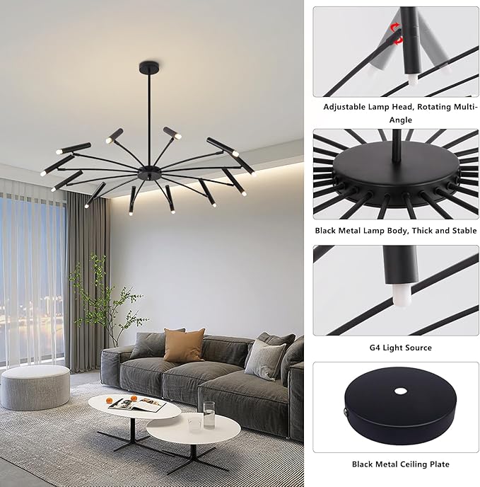 KCO Lighting Modern Black Sputnik Chandelier Mid Century Vintage 12-Lights Semi Flush Mount Chandelier Ceiling Light Industrial Satellite Starburst Chandelier Pendant Light (12-Light)