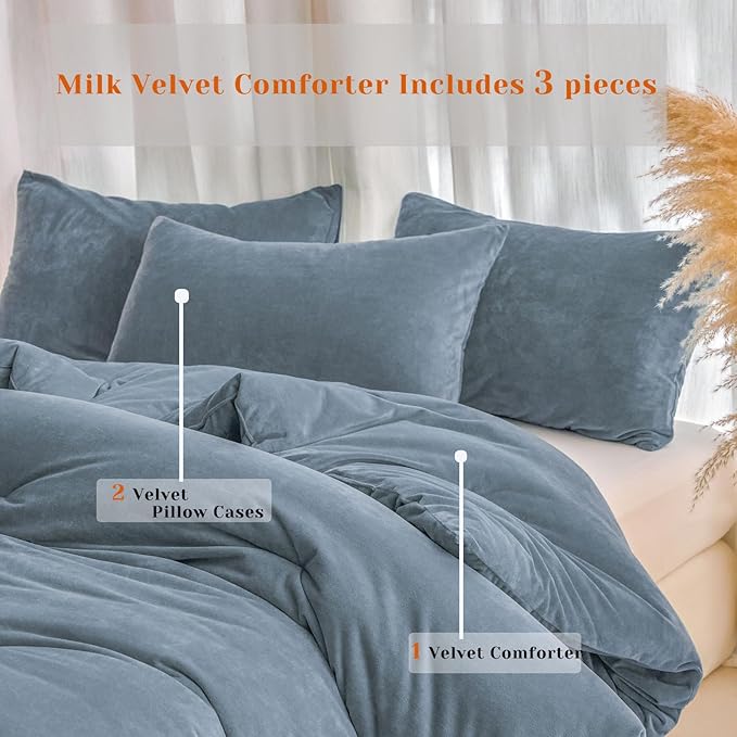 Velvet Comforter Set Queen/Full Size, Grey Blue Fluffy Velvet 3 Piece, Soft Breathable Luxury Winter Warm Bedding Sets, with 1 Cozy Comforter, 2 Pillow Shams