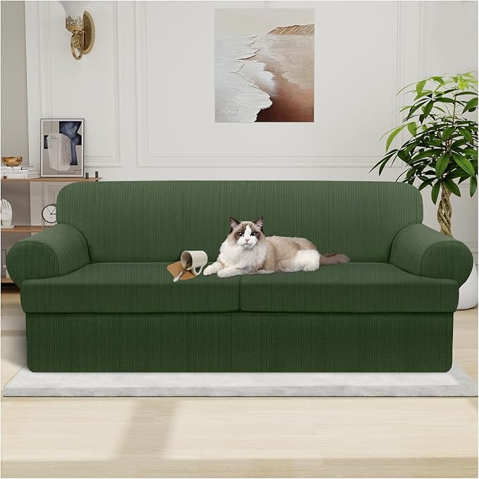 Waterproof Couch Cover 3-Piece Set Striped Sofa Slipcovers for 2 Separate T Cushion Couch - TPU Fabric Sofa Covers Leakproof Couch Protector for Kids, Pets(2 Cushion Sofa, Military Green)