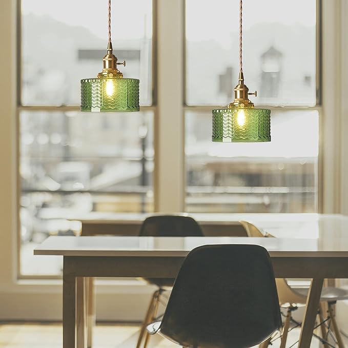 Vintage Pendant Light Fixtures, Brass Socket with ON/Off Switch and Green Glass Lamp Shade Pendant Light for Kitchen Island Farmhouse Living Room (Green,Scaly)