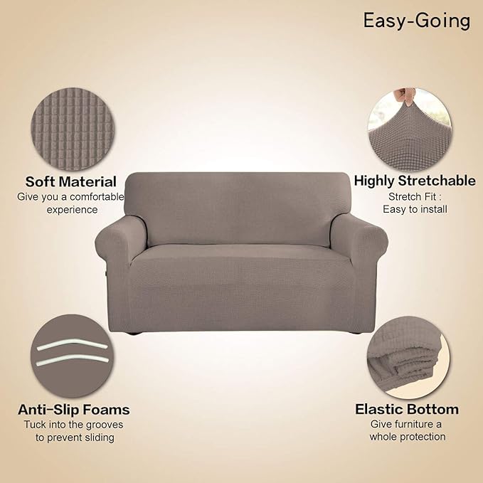 Easy-Going Stretch Sofa Slipcover 1-Piece Sofa Cover Furniture Protector Couch Soft with Elastic Bottom for Kids, Polyester Spandex Jacquard Fabric Small Checks (Sofa, Taupe)