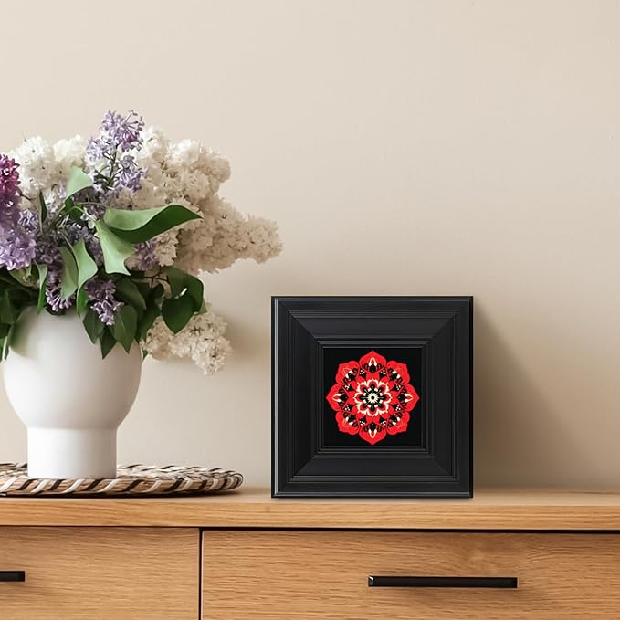 Brivoria Mandala Wall Art Home Decor, Framed Red and Gold Crimson Flame Mandala, Modern Spiritual Energy Wall Decor for Meditation Corner Desk Shelf or Bedroom, Vibrant Wall and Tabletop Accent, 8x8