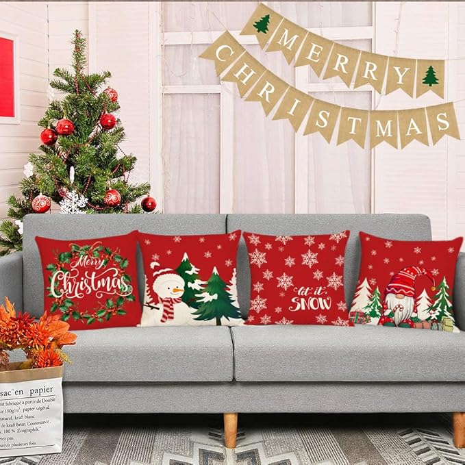 Neatee Living Christmas Pillow Covers 20x20 Set of 4 Red Xmas Vintage Throw Pillows Christmas Tree Gnome Snowman Pillow Cases Outdoor Sofa Couch Cushion Covers for Home Decorations (20 by 20)