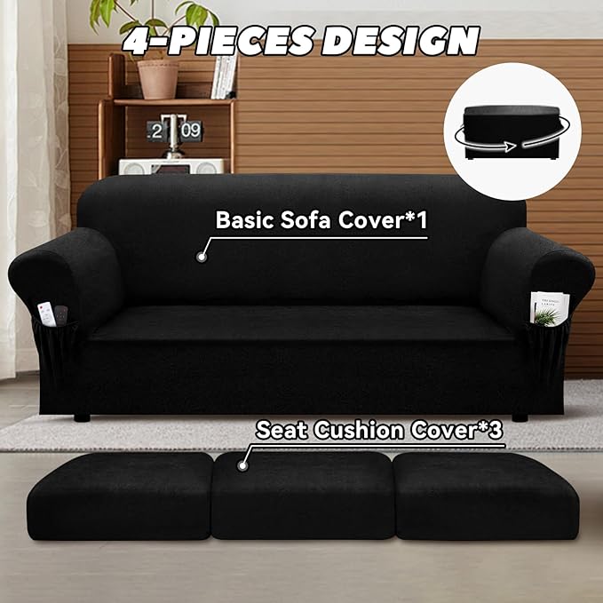 Sofa Slipcover with Armrest Pockets 4-Piece Set, Stretch Faux Leather Couch Cover for 3-Cushion Couches(Fits 72-92") - Non-Slip, Machine Washable, Pet & Kid Friendly - Black