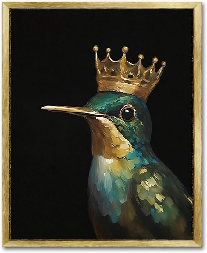 AIMAILON Vintage Gold Canvas Wall Art Framed Decor for Living Room - Hummingbird Birds King Wall Art, Retro Golden Wall Prints of Bird with a Crown, Modern Animal Bird Art Picture Bathroom Decor 8x10