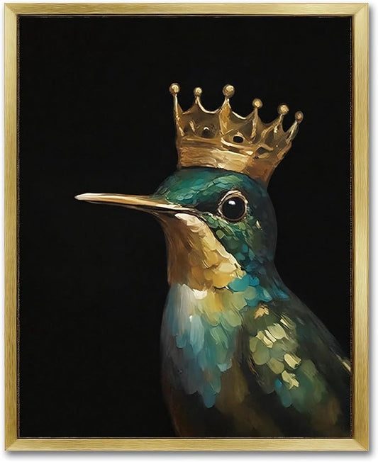 AIMAILON Vintage Gold Canvas Wall Art Framed Decor for Living Room - Hummingbird Birds King Wall Art, Retro Golden Wall Prints of Bird with a Crown, Modern Animal Bird Art Picture Bathroom Decor 8x10