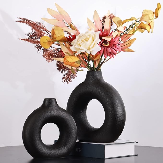 Matte Black Ceramics Vase for Home Decor,Minimalist Nordic Hollow Donut Vase Set of 2,Modern Boho Decor for Kitchen Table Centerpiece,Living Room,Fire Place,Bookshelf,Office,Entryway,Console