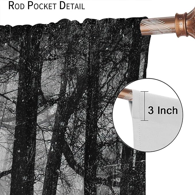Gothic Forest Blackout Window Curtains, Halloween Style Foggy Forest Dead Trees Crow Print Curtains, for Bedroom Living Room 36(W)*63(L) 2 Panels
