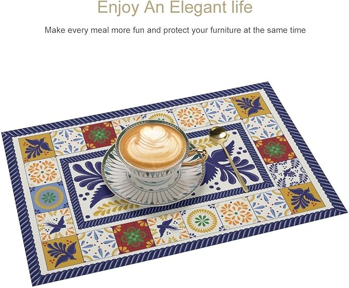 Mexican Placemat Set of 4, 12x18 Inch Rustic Mexico Tiles Floral Birds Colorful Talavera Ceramic Dia De Los Muertos Coffee Vintage Table Mats for Outdoor Kitchen Dining Table Decoration