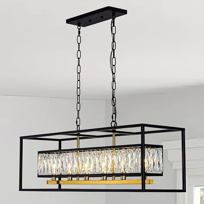 Vezzio Crystal Chandeliers for Dining Room Modern Crystal Chandelier 6-Light Rectangle Contemporary Pendant Light Fixture for Kitchen Island Bar L35 Inch