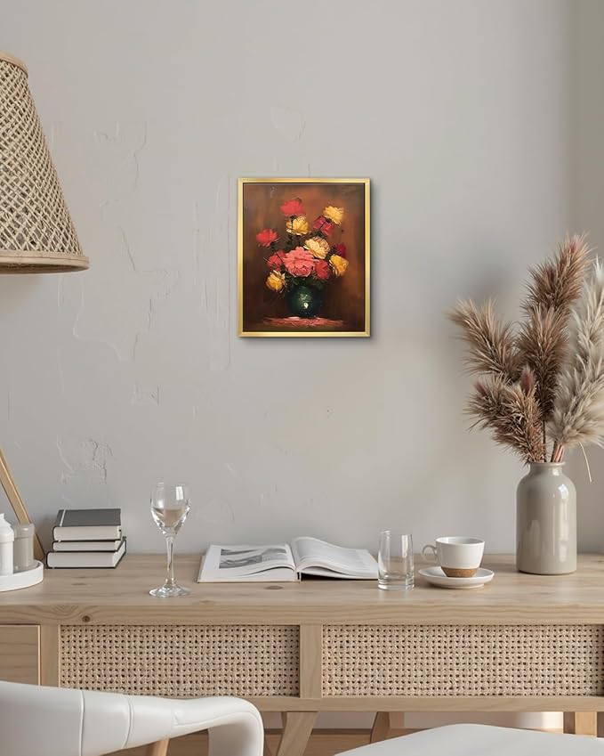 AIMAILON Vintage Gold Canvas Wall Art Framed Decor for Living Room Kitchen Classical Still Life Three Color Rose Artwork Warm Moody Botanical Aesthetic Picture Home Decoration 10x12