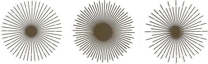 NEODECO Sun Rays-Triple Metal Wall Art, Geometric Sun Decor, Metallic colors, Large 3D wall sculpture, model BCD, Set of 3 (Bronze, Small)