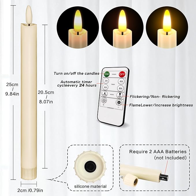 Flameless Taper Candles with Remote, 500H Battery Operated Tapers Candle, Led Flickering Flameless Candlesticks Classic Tall Taper Candles for Christmas Home, Wedding, Party, 9.8 inches (Ivory)
