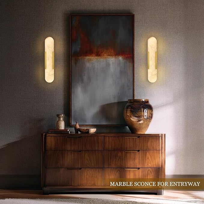Alabaster Wall Sconce, 20" Natural Marble Wall Sconce, Brass Alabaster Sconces Set of Two, Indoor Modern Bathroom Sconces Wall Lighting for Living Room, Bedroom, Hallway, Stairs