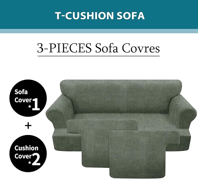 3 Piece T Cushion Sofa Slipcovers Stretch Couch Cover Furniture Covers with 2 Individual T Cushion Covers, Machine Washable for Living Room (Green, 2 Cushions)