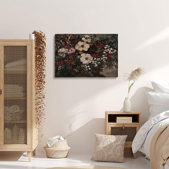 Moody Christmas Floral Academia Art Prints,Christmas Cottagecore Fireplace Decor,Vintage Winter Flower Print,Dark Moody Winter Floral Bouquet Painting