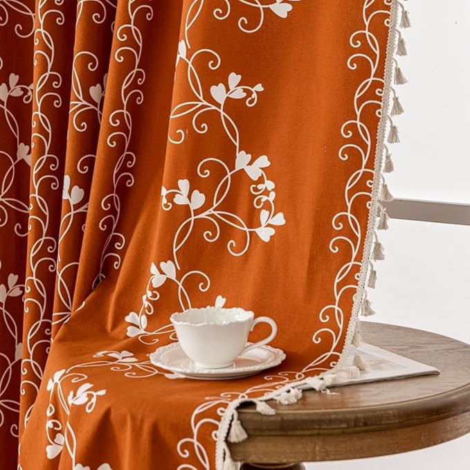 Boho Terracotta Curtains Farmhouse Curtains for Bedroom, Cotton Linen Blend Toile Curtain Printed Floral Burnt Orange Rustic Curtain Drapes 2 Panel 55" W x 96" L