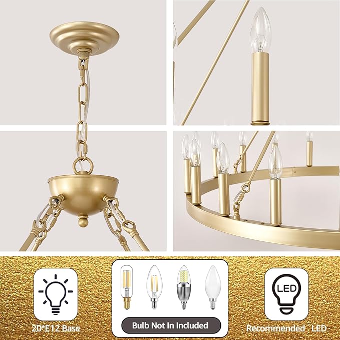 Gold Wagon Wheel Chandelier 40”, 20-Light Farmhouse Wagon Wheel Chandelier for Dining Room, Modern Round Iron Candle Chandeliers Light Fixture for Living Room, Foyer, Entryway, E12