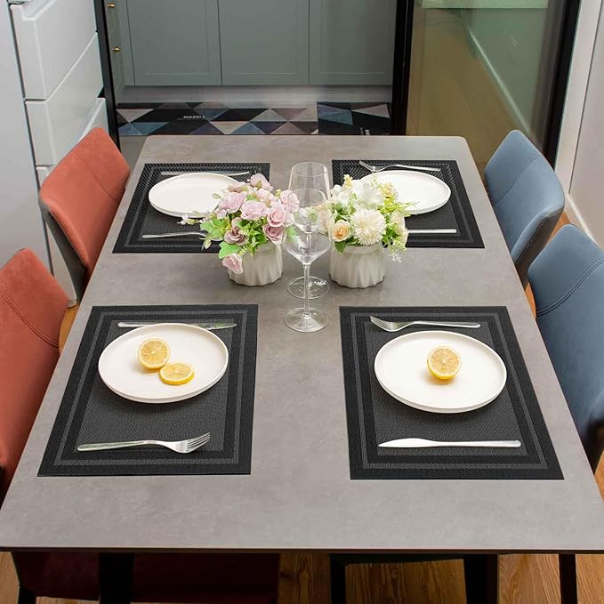 AHHFSMEI Placemats for Dining Table Set of 4 Woven Vinyl Plastic Place Mats Non-Slip Heat Insulation Stain Resistant Table Mats Washable Easy Clean Placemats (Black Frame 4)
