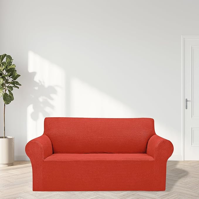 Cupuamon 2025 New Stretch Loveseat Sofa Slipcovers Couch Cover for 2 Cushion Furniture Protector Sofa Covers with Elastic Bottom Jacquard Fabric Small Checks for Pets, Kids - Pureed Pumpkin
