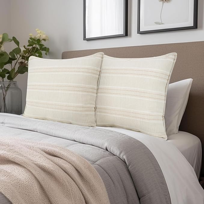 20X20 Decorative Farmhouse Linen Throw Pillow Covers, Boho Textured Pillow Case Set of 2 ,Beige with White & Brown Stitch Yarn Dyed Stripe Cushion Cover ,Modern Accent Square Pillowcase for Sofa Couch