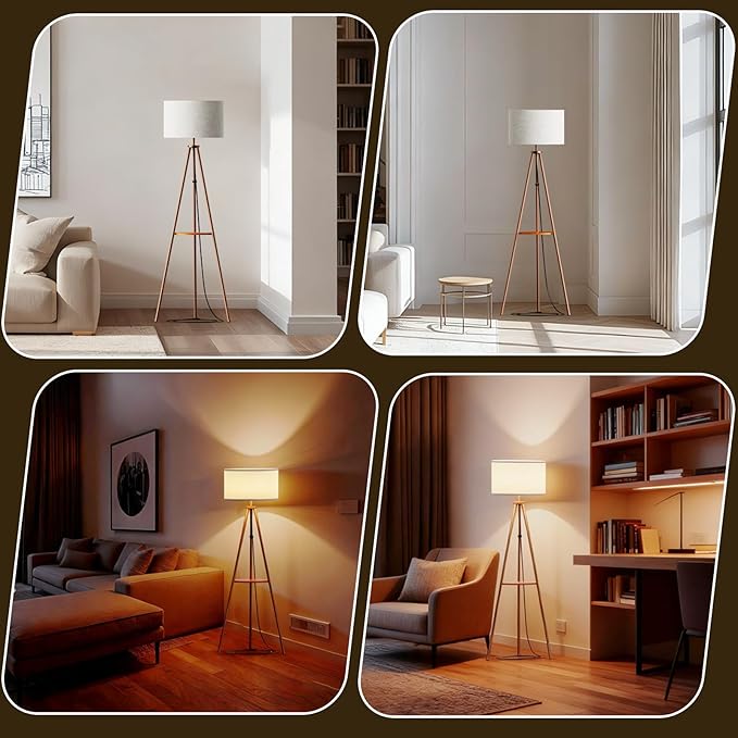 Tripod Floor Lamp with Shelves, Mid Century Modern Metal Standing Lamp with Remote & App Control, Dimmable RGB Smart Bulb Included, E26 Base for Living Room, Bedroom, Office - Boho Decor