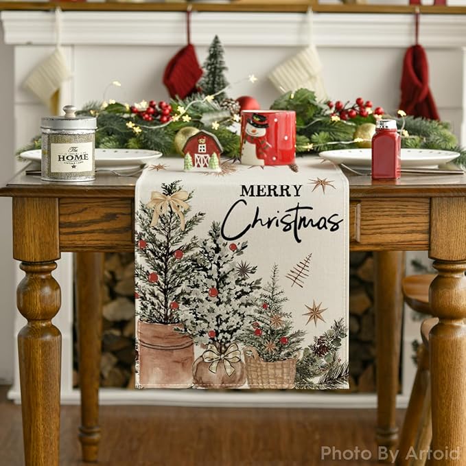 Artoid Mode Xmas Trees Holly Pine Cone Merry Christmas Table Runner, Seasonal Winter Kitchen Dining Table Decoration for Home Party Decor 13x108 Inch