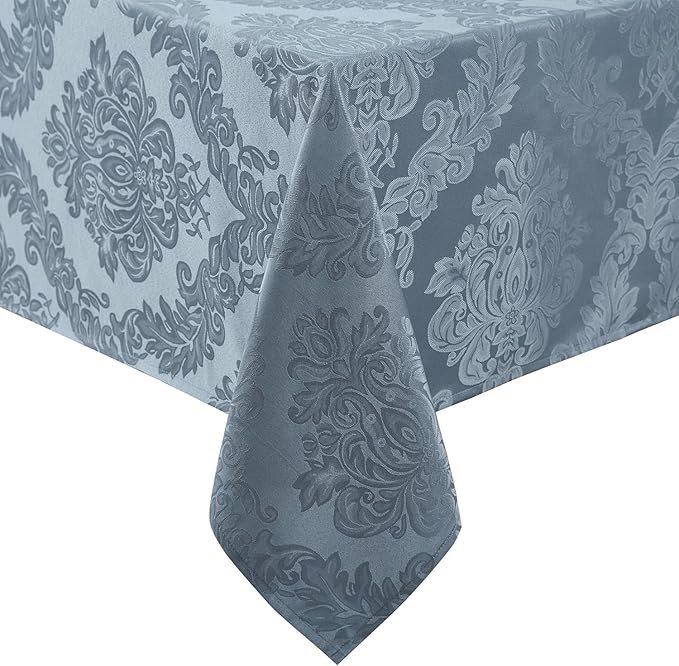 Newbridge Barcelona Damask Fabric Tablecloth, 52 x 52 Inch Square, Blue – No Iron, Soil Resistant Table Cover for Dining, Parties and Holidays