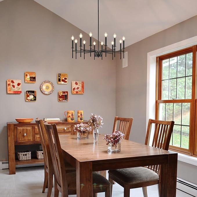 Black Farmhouse Chandeliers, 12 Light Modern Chandelier Light Fixture, Dining Room Chandelier Lighting for Living Room Staircase Bedroom Foyer Kitchen Entryway