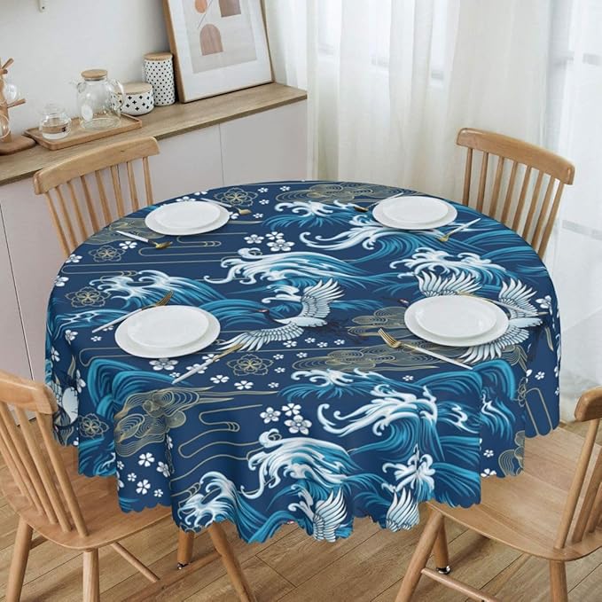 Japanese Tablecloth, Blue Traditioanal Chinese Landscape Great Waves Oriental Vintage Cherry Blossom Water Resisitant Table Cover for Dining Kitchen Living Room Home Party Holiday Decor 70 inch Round