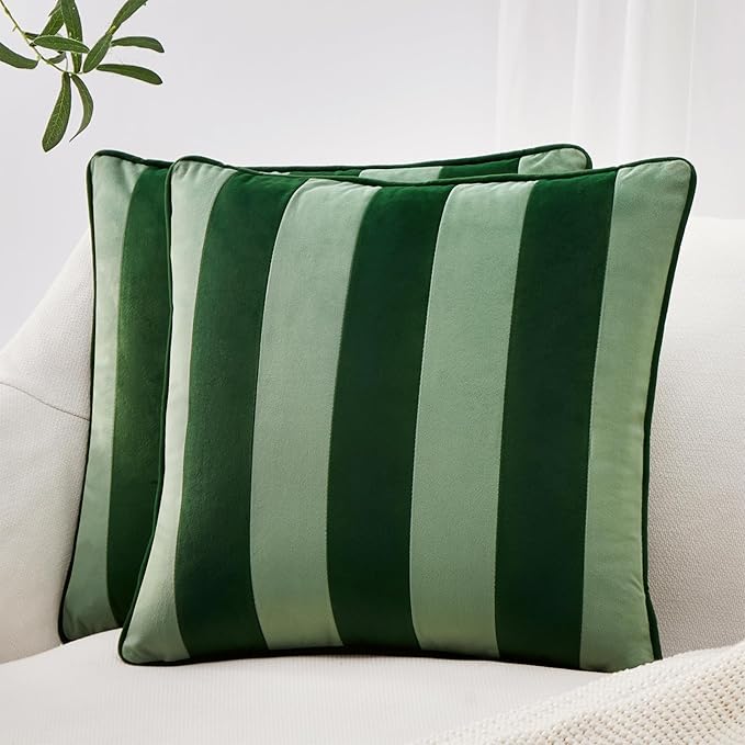 MONDAY MOOSE Decorative Throw Pillow Covers Cushion Cases, Set of 2 Soft Velvet Striped Piping Edge Designs, Pillow Inserts Not Included (Green/Light Green, 20x20 inch)