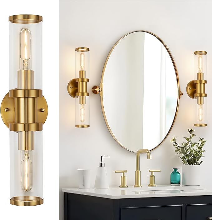 17.5 inch Gold Wall Sconces, Modern Wall Sconces Lighting with Clear Glass Shade, 2-Light Gold Vanity Light Wall Lamp for Mirror Bathroom Kitchen Living Room