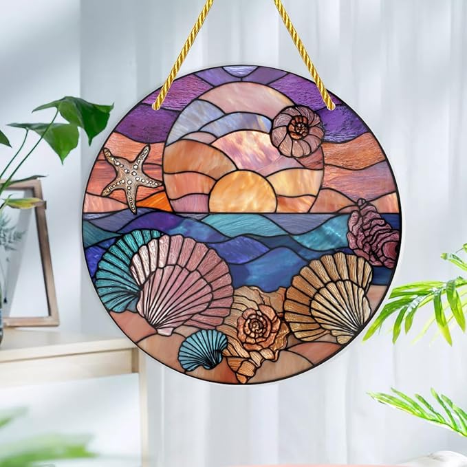 Coastal Seashells & Starfish at Sunset, 1PC Stained Glass Styles Acrylic Hanging Ornaments, 8×8inch Decorative Signs, Acrylic Suncatcher for Nautical Home Decor, Gifts, Garden, Wall Art