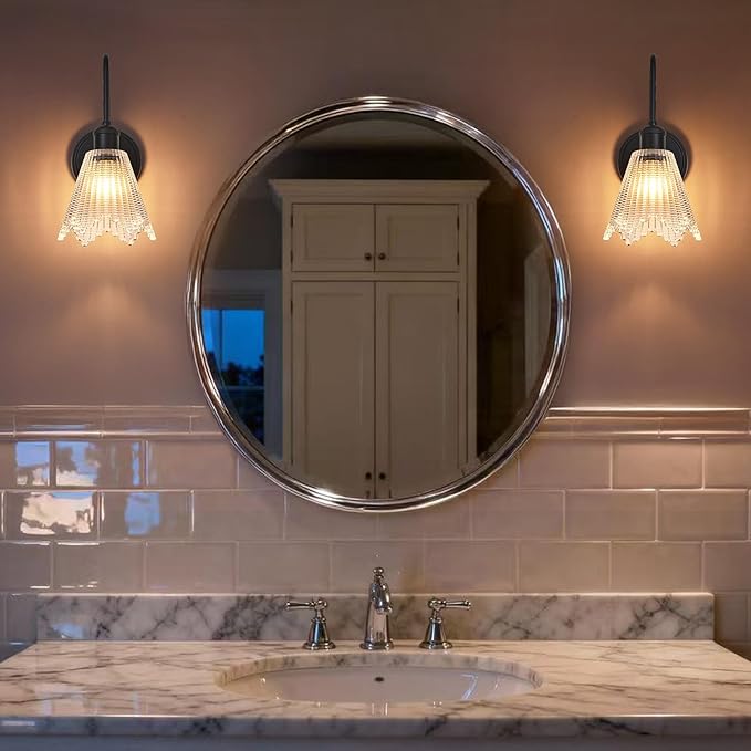 Wall Sconce Set of 2, Black Vintage Light Fixtures with Long Clear Glass Lampshade, Hardwired Sconces Wall Lighting for Bedroom, Bathroom, Living Room | Includes 2 LED Bulbs