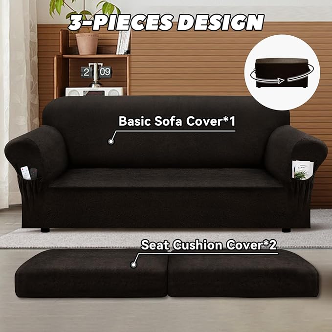 Sofa Slipcover with Armrest Pockets 3-Piece Set, Stretch Faux Leather Couch Cover for 2-Cushion Couches(Fits 72-92") - Non-Slip, Machine Washable, Pet & Kid Friendly - Coffee