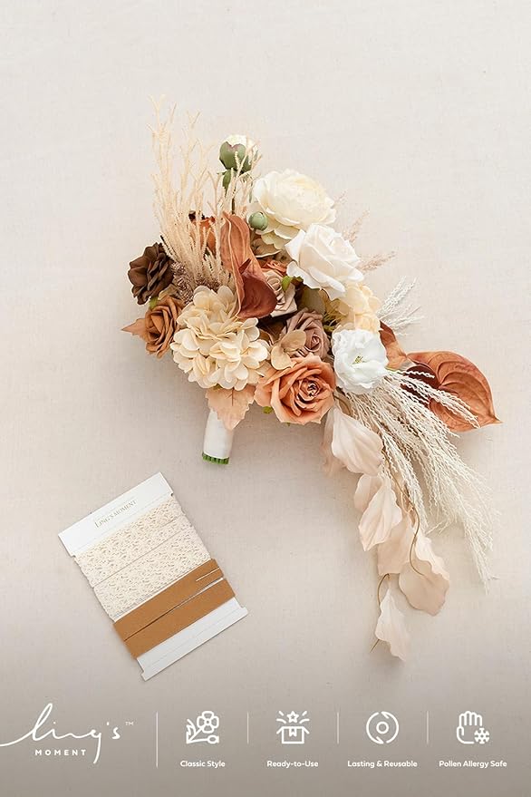 Ling's moment Boho Bridal Bouquet Cascading, Rustic Wedding Bouquets for Bride, 15 Inch Silk Fall Artificial Wedding Flower Bouquet