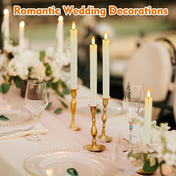 HINZER 6 Pcs Flameless Taper Candles with Remote & Timer 9.6 inch Real Wax Battery Operated LED Warm 3D Wick Flickering Window Candles for Halloween Christmas Wedding Decor, Ivory