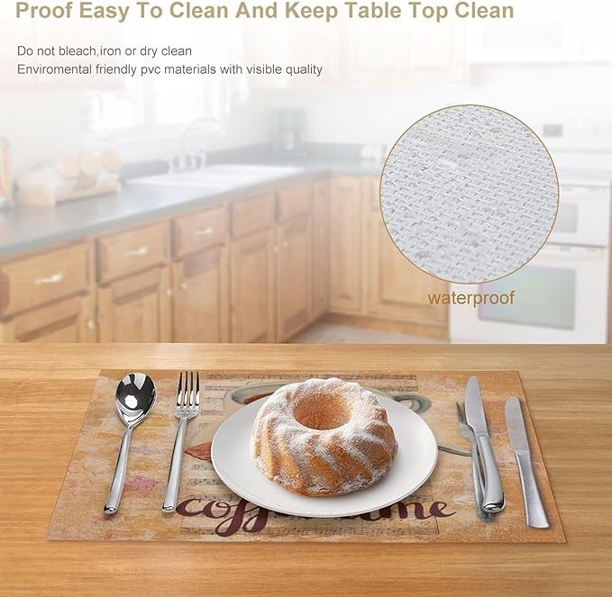 Coffee Time Placemat Set of 6, 12x18 Inch Rustic Coffee Theme Beans Leaves Vintage Farmhouse Washable Heat Resistant Table Mats for Outdoor Farmhouse Kitchen Dining Decor