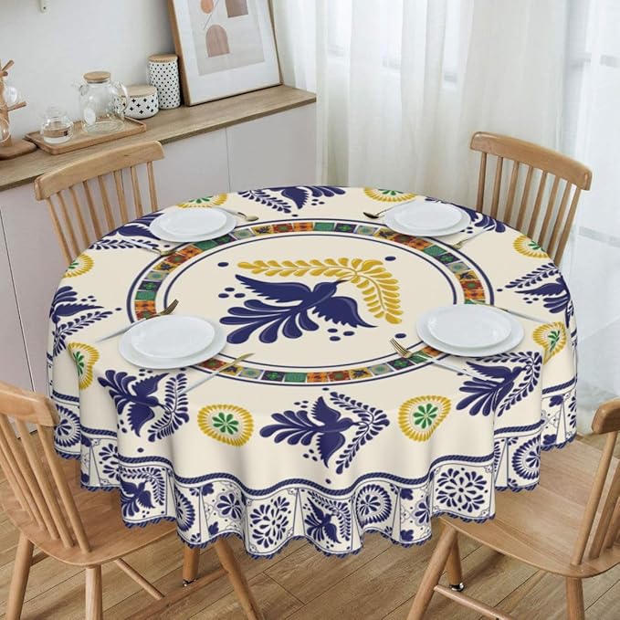 Mexican Round Tablecloth, Floral Bird Talavera Ceramic Tile Dia De Los Muertos Azulejo Mosaic Water Resisitant Table Cover for Dining Kitchen Living Room Home Party Holiday Decor 70 inch Round