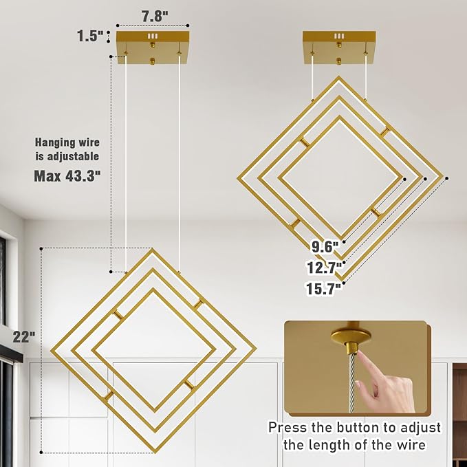 Modern LED Square Chandelier Gold LED Hanging Pendant Light with Remote Control Dimmable Contemporary Geometric Chandeliers Creative DIY Height Adjustable Lighting for Dining Room Entryway